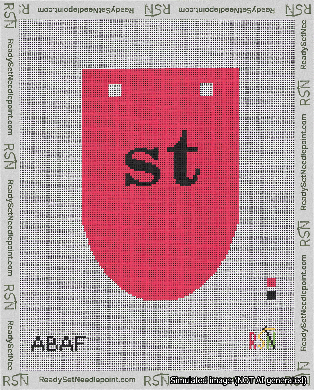 A taped needlepoint canvas with the design: Banner 18 mesh count Rounded st Black on Red.
