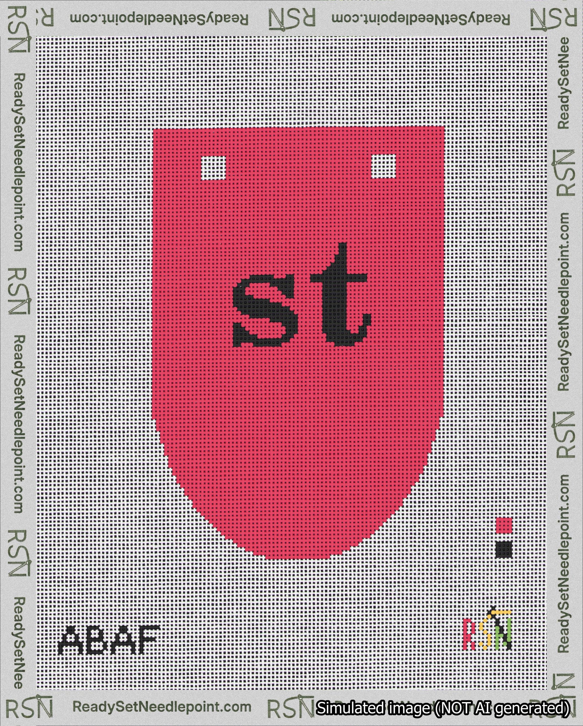 A taped needlepoint canvas with the design: Banner 18 mesh count Rounded st Black on Red.