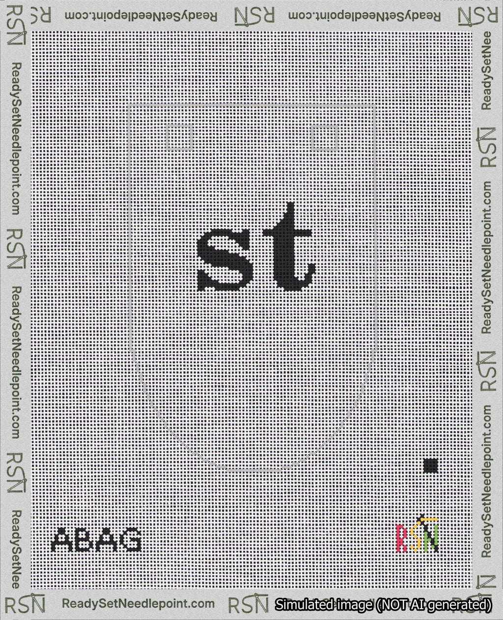 A taped needlepoint canvas with the design: Banner 18 mesh count Rounded st Black on White.