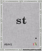 A taped needlepoint canvas with the design: Banner 18 mesh count Rounded st Black on White.