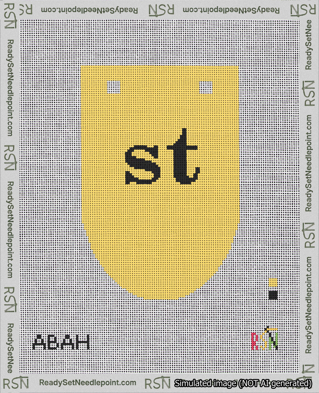 A taped needlepoint canvas with the design: Banner 18 mesh count Rounded st Black on Yellow.