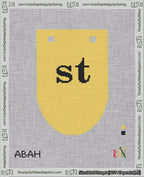 A taped needlepoint canvas with the design: Banner 18 mesh count Rounded st Black on Yellow.
