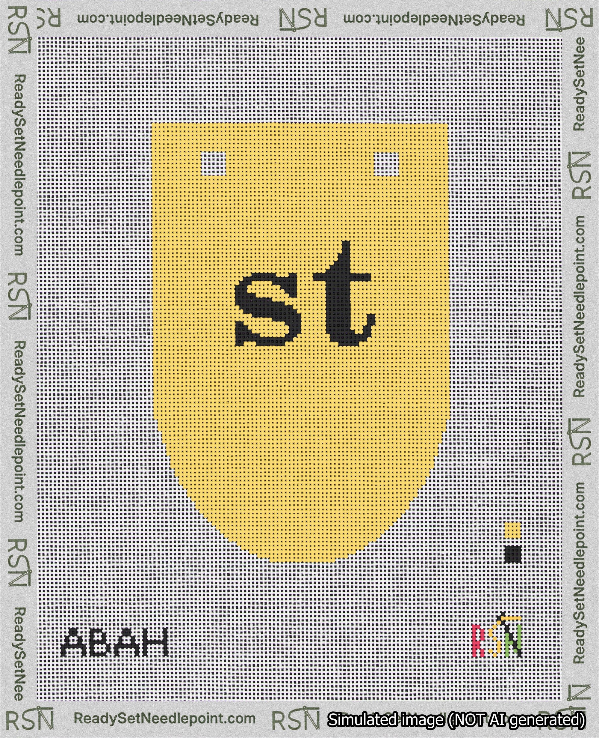 A taped needlepoint canvas with the design: Banner 18 mesh count Rounded st Black on Yellow.
