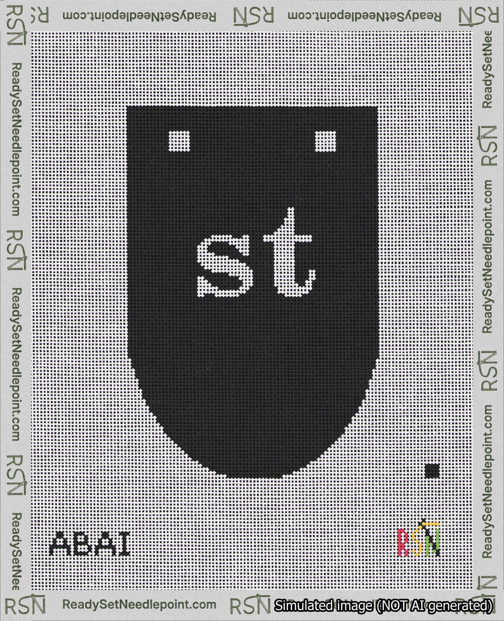 A taped needlepoint canvas with the design: Banner 18 mesh count Rounded st White on Black.