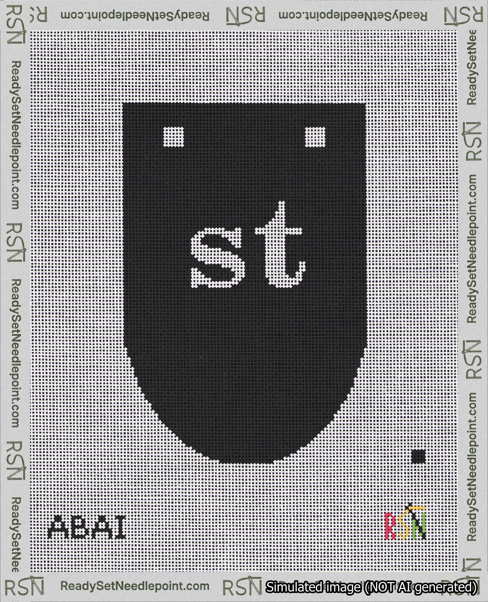 A taped needlepoint canvas with the design: Banner 18 mesh count Rounded st White on Black.