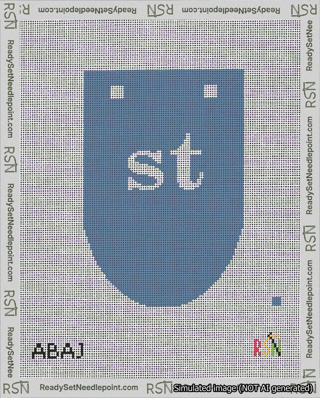 A taped needlepoint canvas with the design: Banner 18 mesh count Rounded st White on Blue.