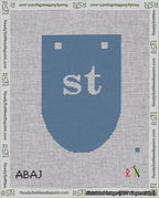 A taped needlepoint canvas with the design: Banner 18 mesh count Rounded st White on Blue.