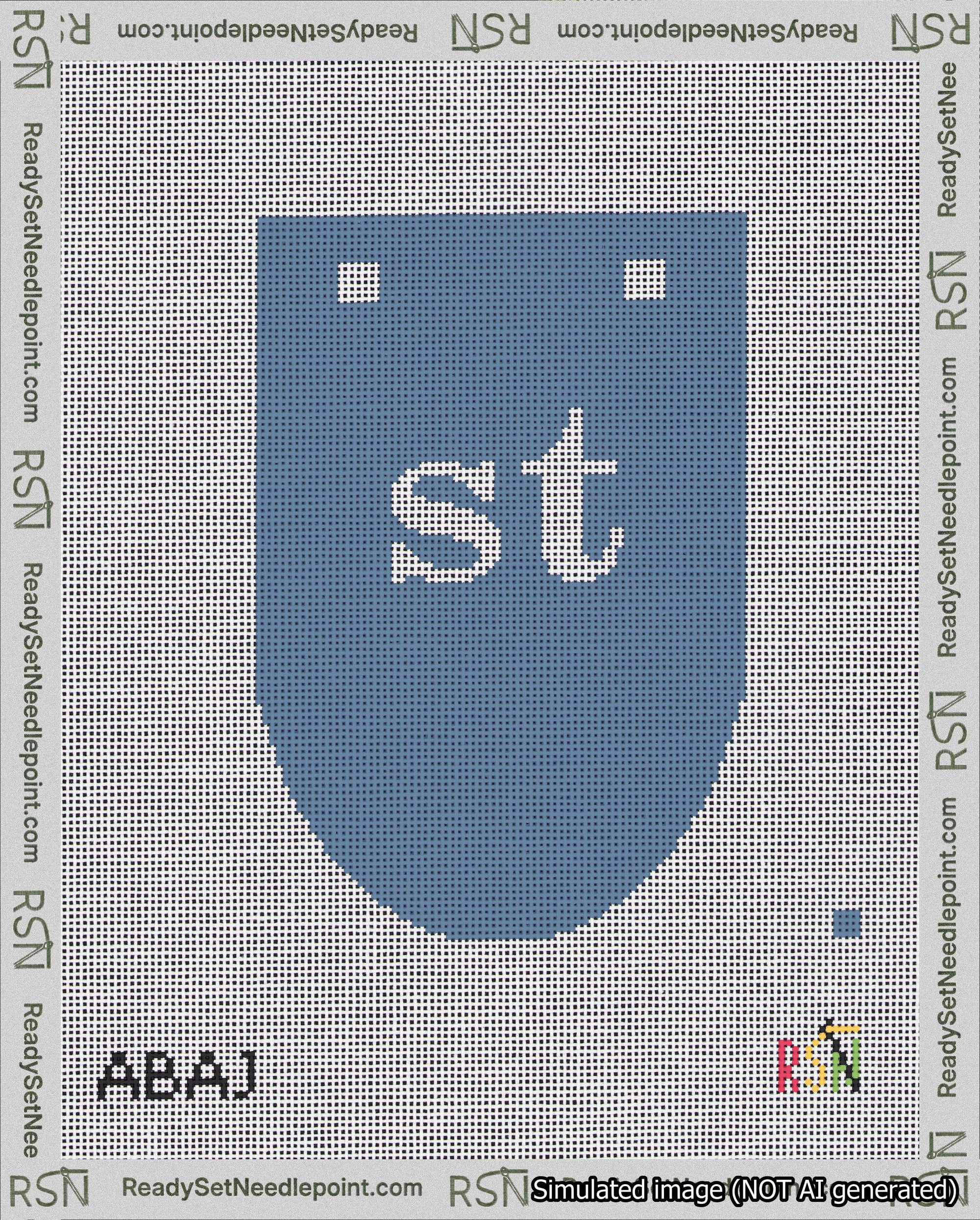 A taped needlepoint canvas with the design: Banner 18 mesh count Rounded st White on Blue.