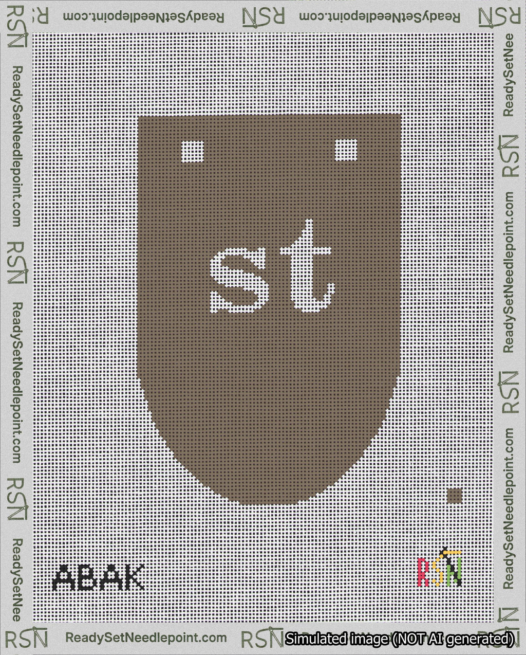 A taped needlepoint canvas with the design: Banner 18 mesh count Rounded st White on Brown.