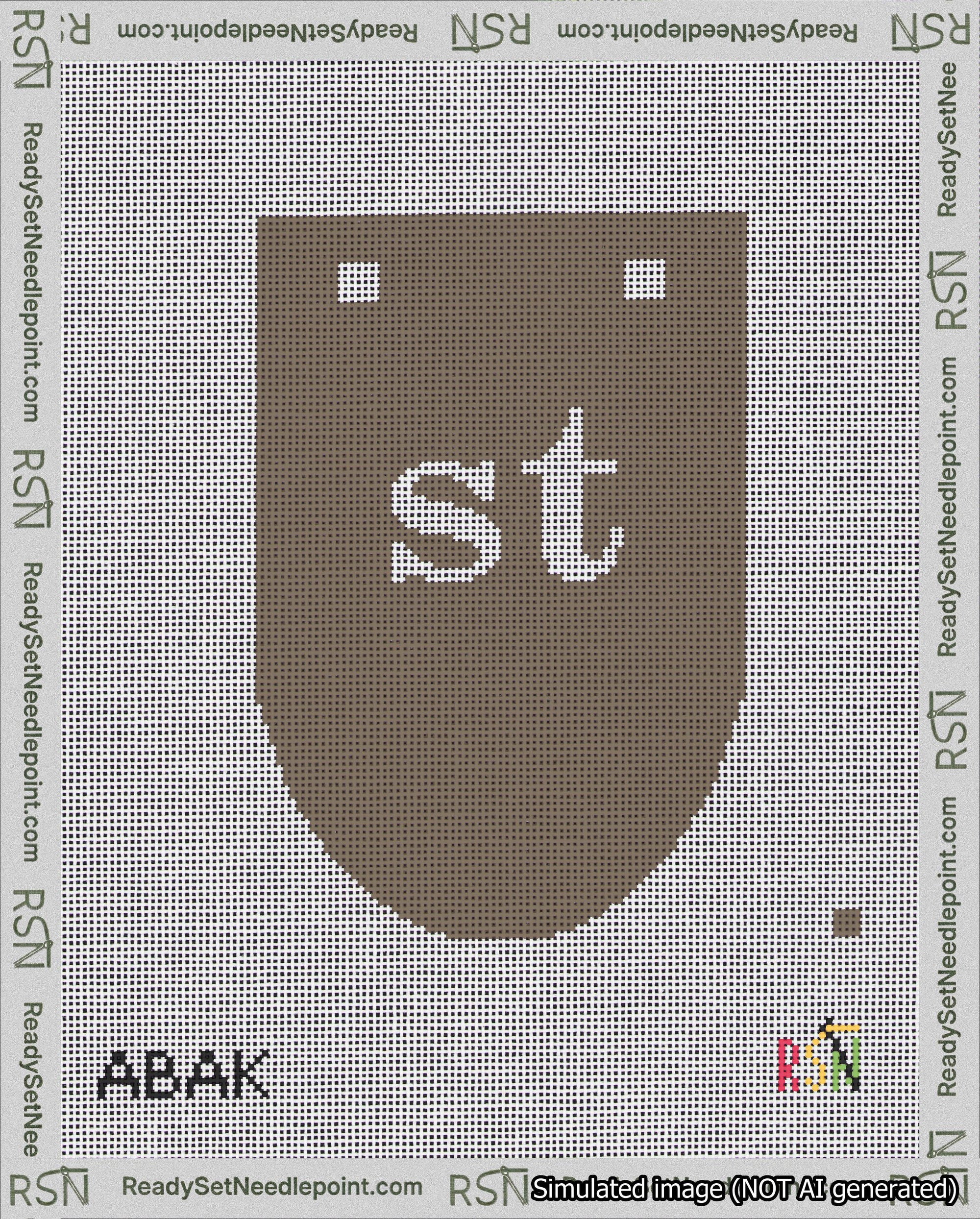 A taped needlepoint canvas with the design: Banner 18 mesh count Rounded st White on Brown.