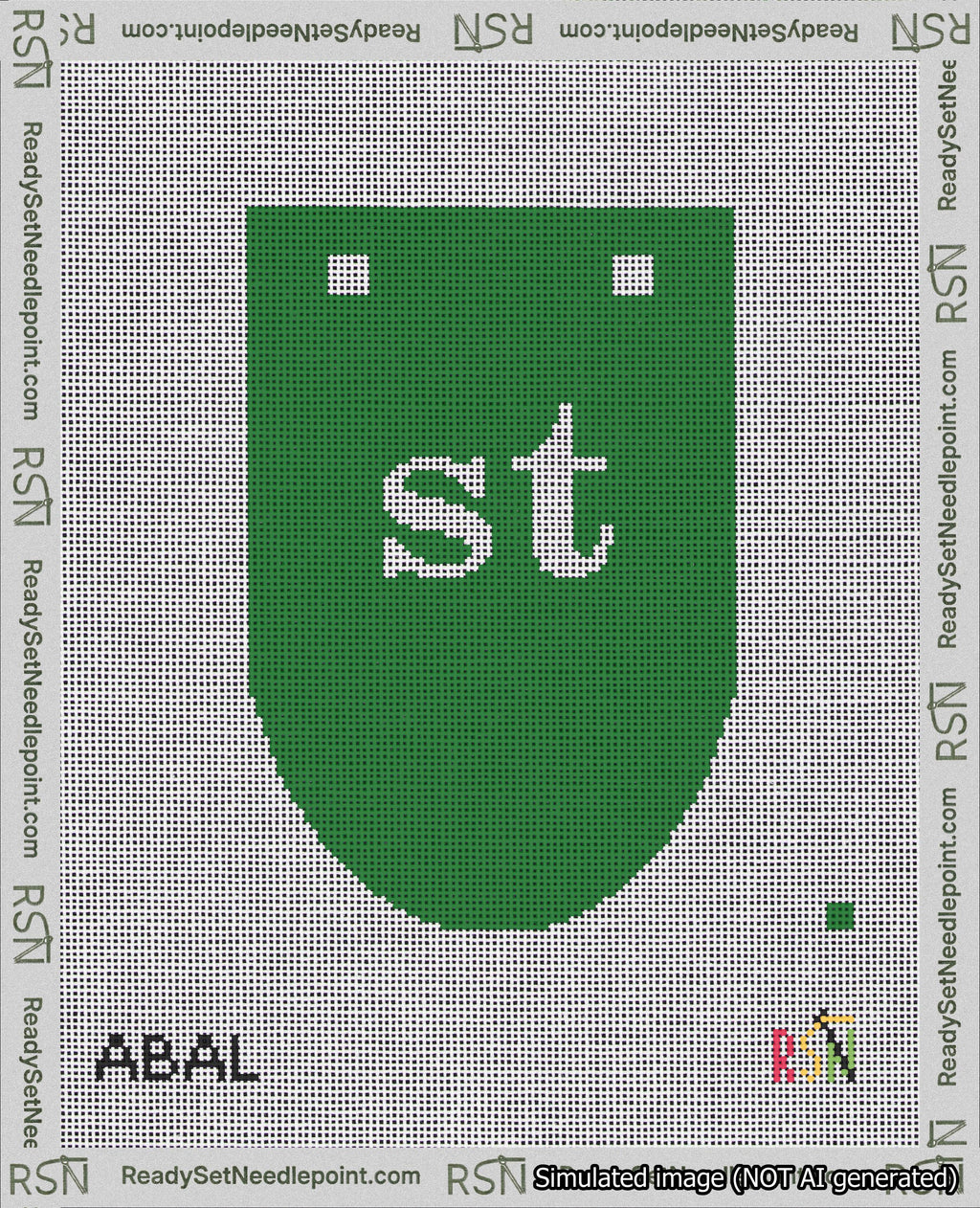 A taped needlepoint canvas with the design: Banner 18 mesh count Rounded st White on Green.