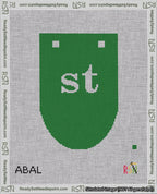 A taped needlepoint canvas with the design: Banner 18 mesh count Rounded st White on Green.