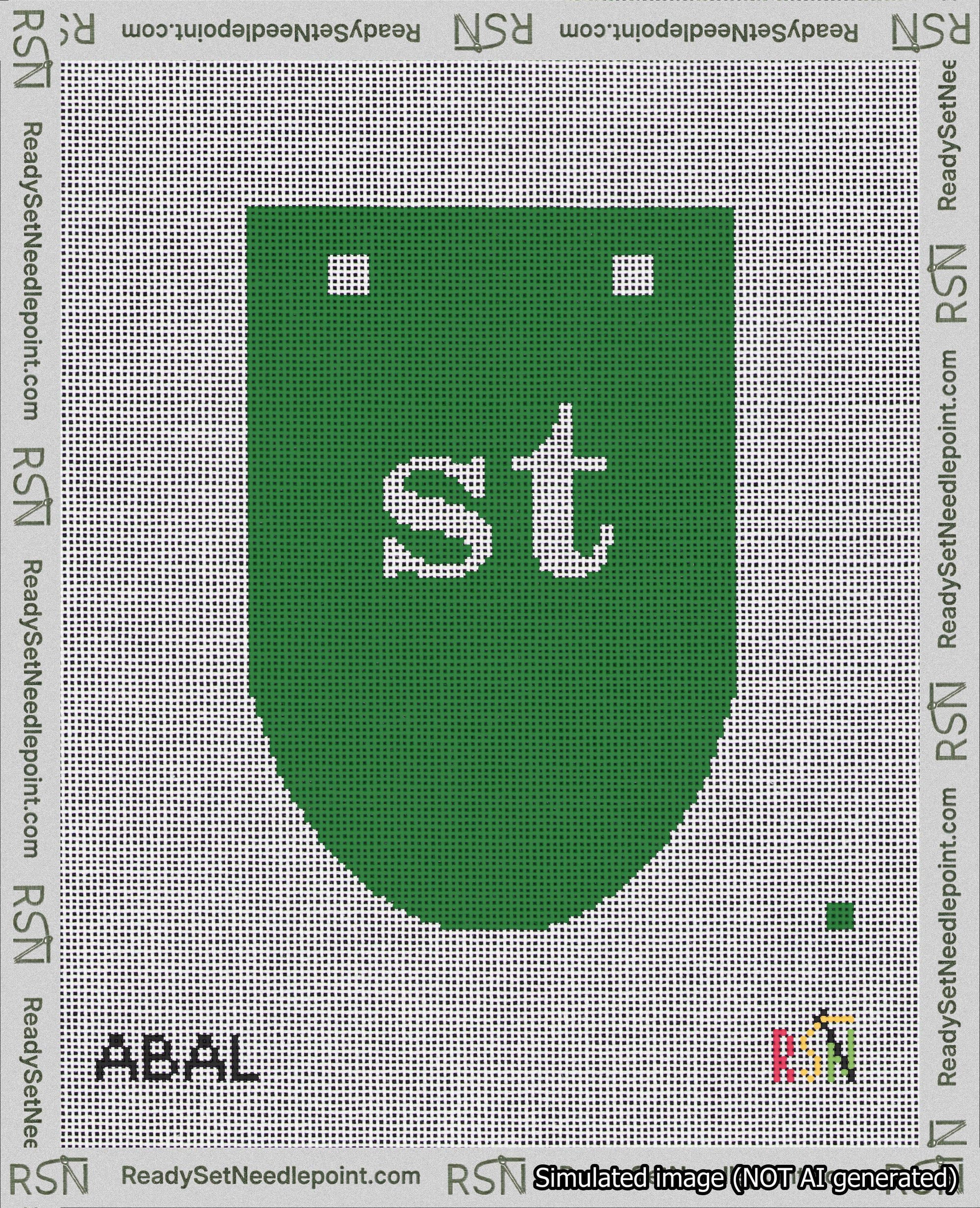 A taped needlepoint canvas with the design: Banner 18 mesh count Rounded st White on Green.