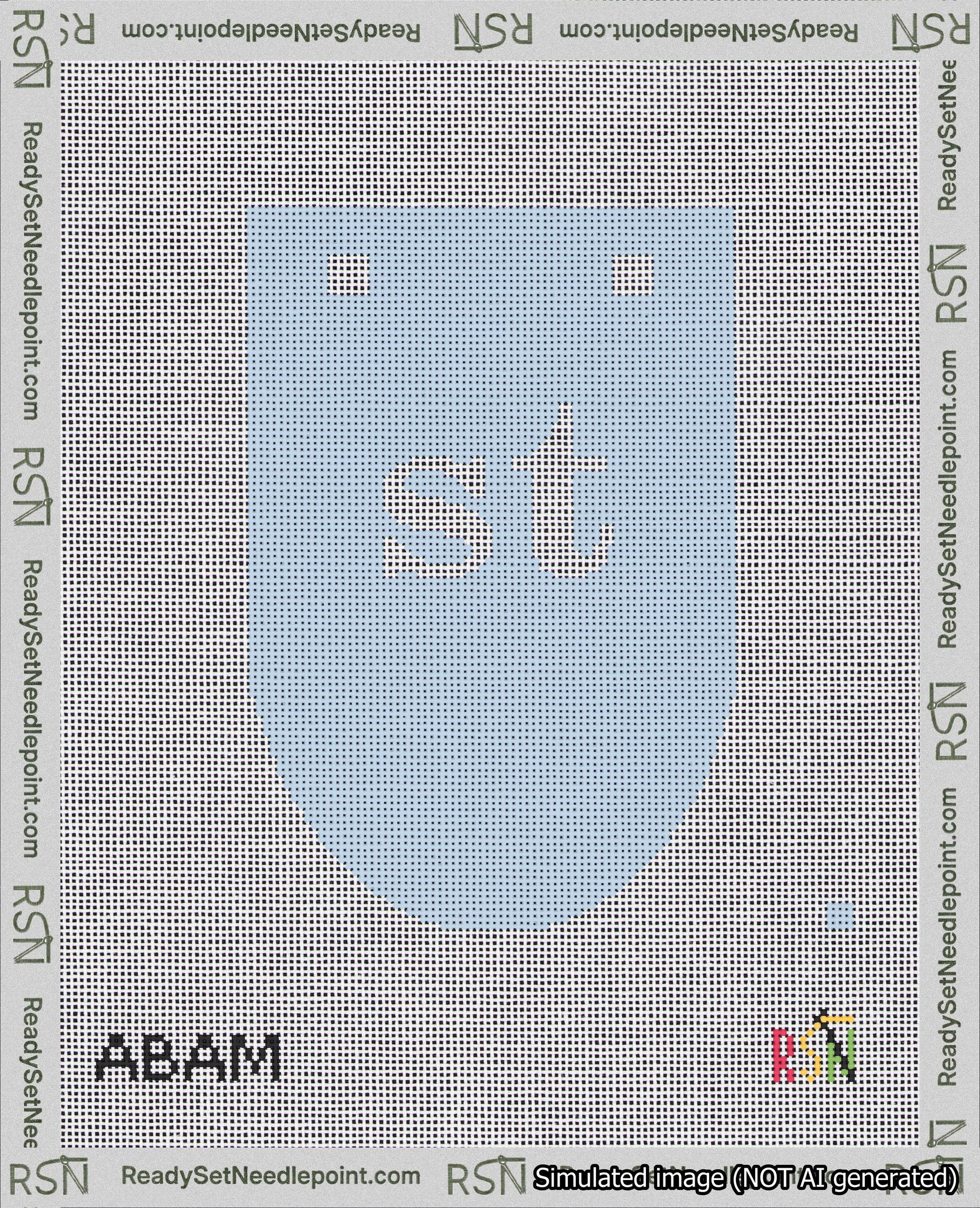 A taped needlepoint canvas with the design: Banner 18 mesh count Rounded st White on Light Blue.
