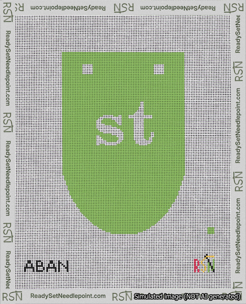 A taped needlepoint canvas with the design: Banner 18 mesh count Rounded st White on Light Green.