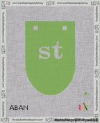 A taped needlepoint canvas with the design: Banner 18 mesh count Rounded st White on Light Green.
