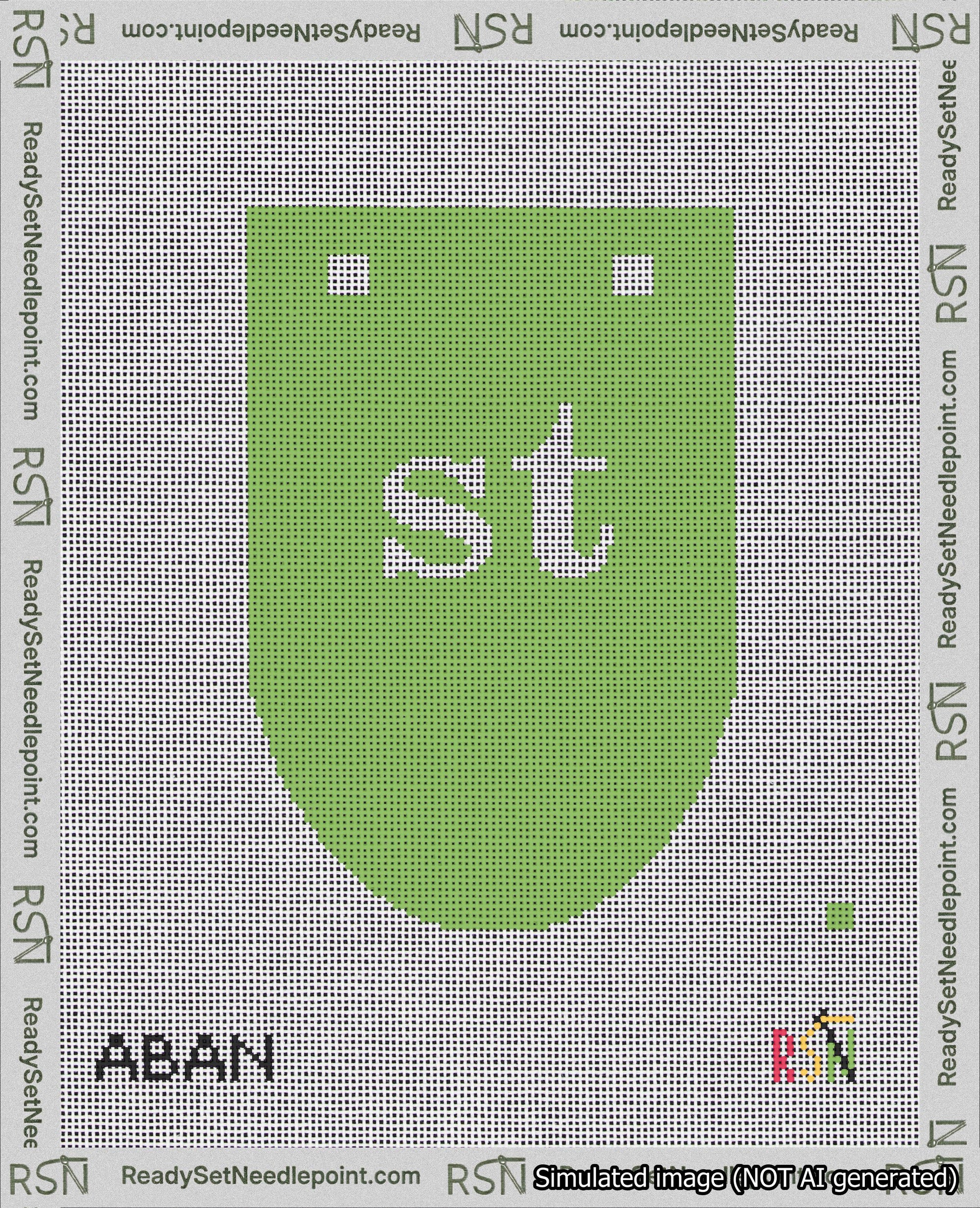 A taped needlepoint canvas with the design: Banner 18 mesh count Rounded st White on Light Green.