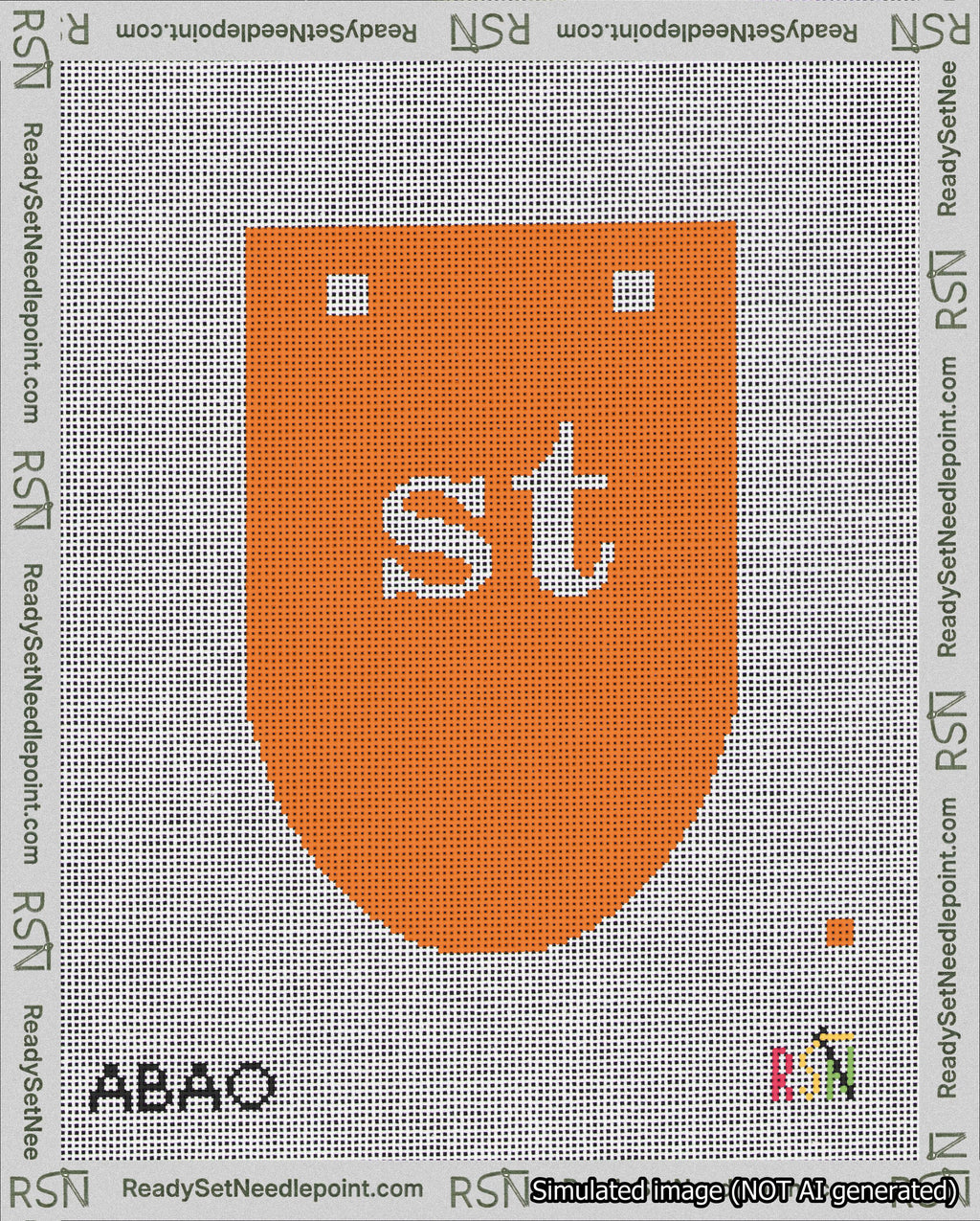 A taped needlepoint canvas with the design: Banner 18 mesh count Rounded st White on Orange.