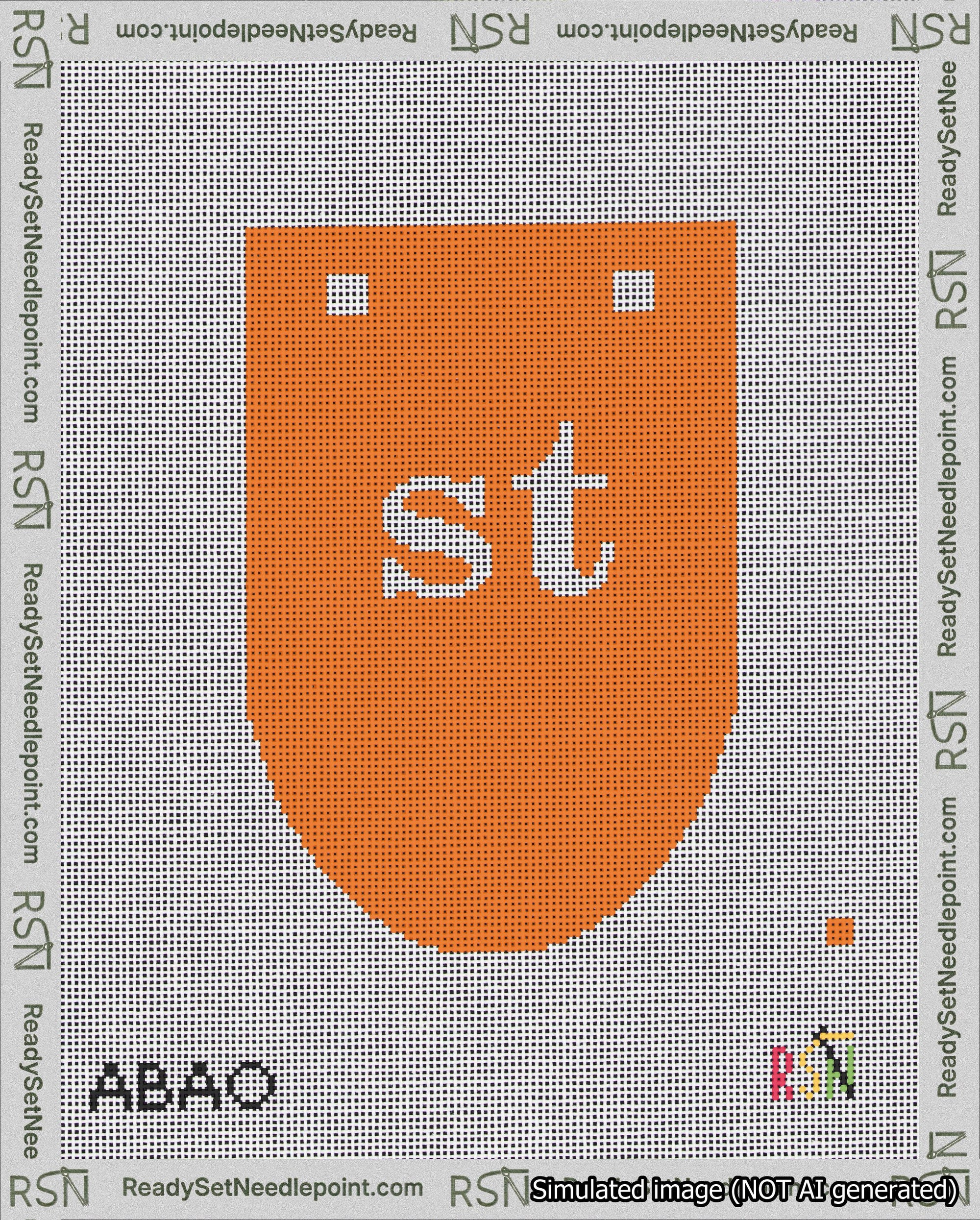 A taped needlepoint canvas with the design: Banner 18 mesh count Rounded st White on Orange.