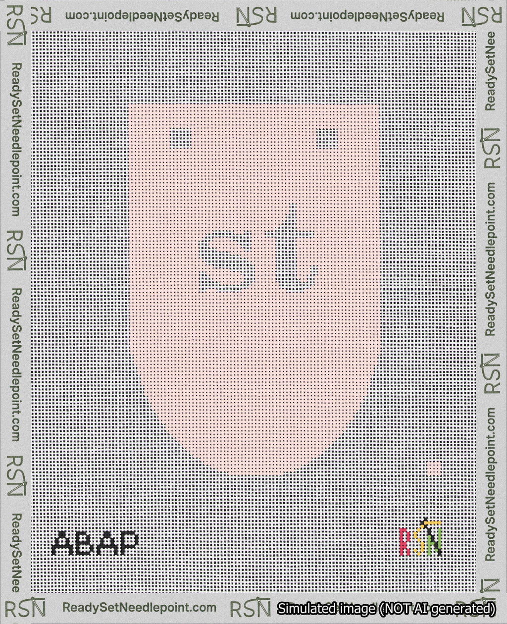 A taped needlepoint canvas with the design: Banner 18 mesh count Rounded st White on Pink.