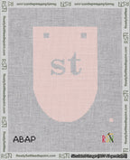 A taped needlepoint canvas with the design: Banner 18 mesh count Rounded st White on Pink.