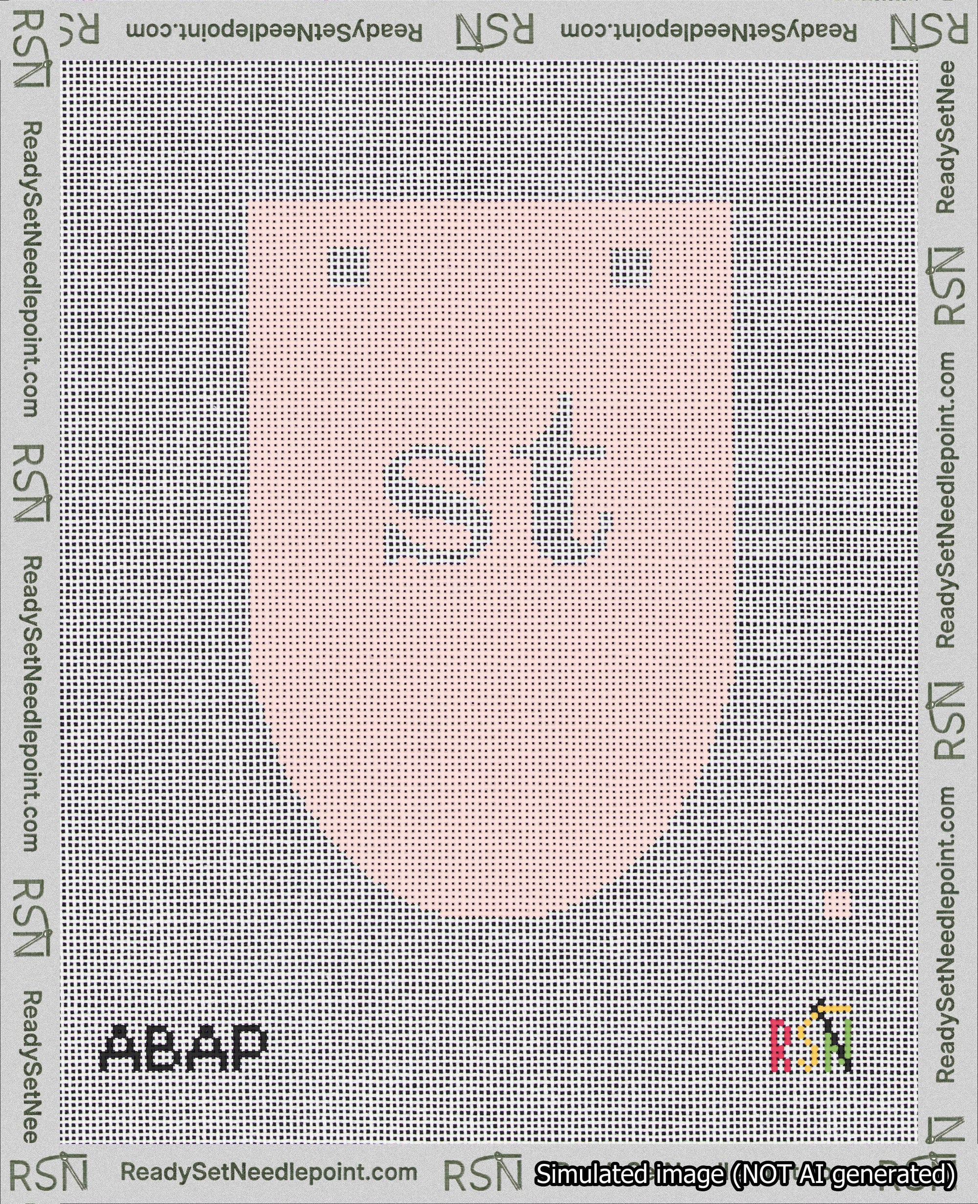 A taped needlepoint canvas with the design: Banner 18 mesh count Rounded st White on Pink.