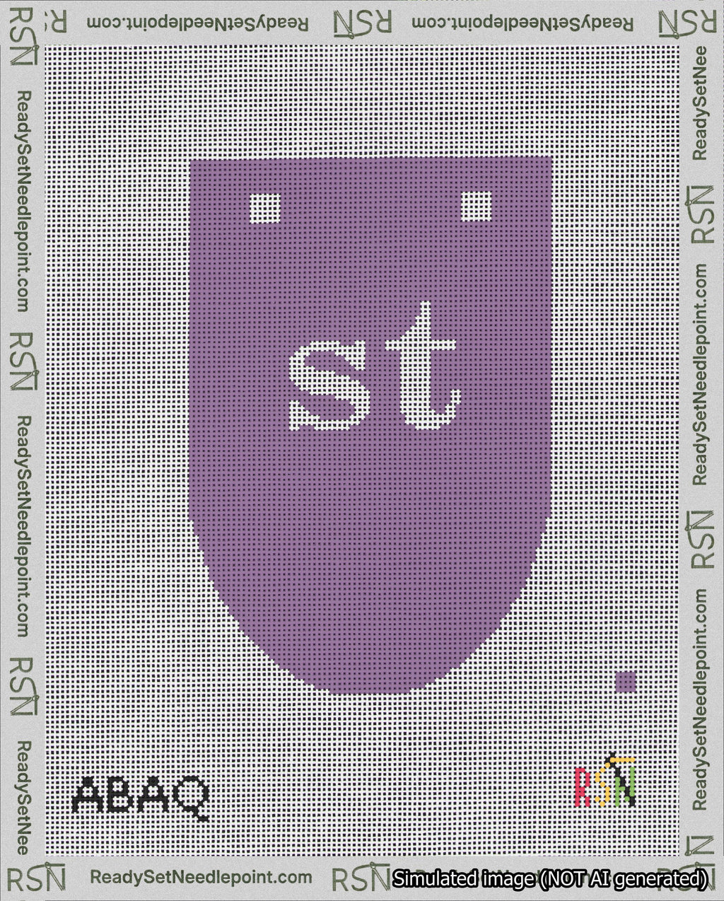 A taped needlepoint canvas with the design: Banner 18 mesh count Rounded st White on Purple.