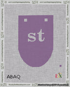A taped needlepoint canvas with the design: Banner 18 mesh count Rounded st White on Purple.