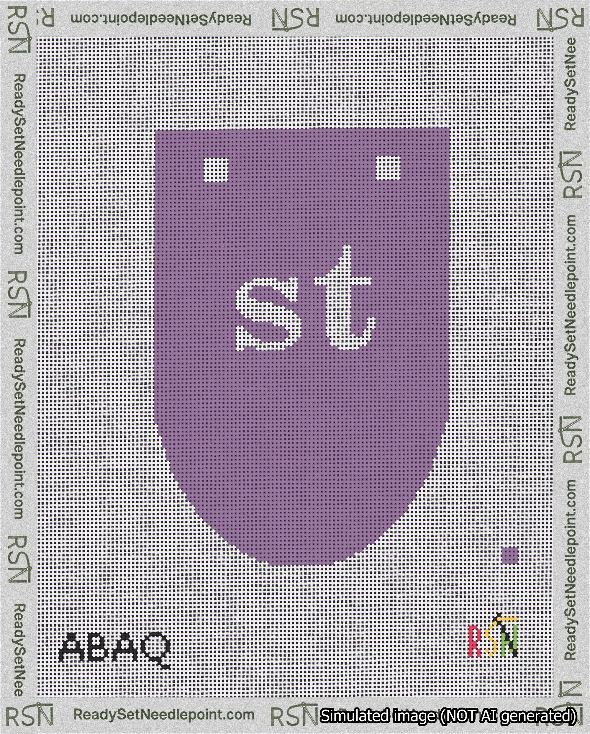 A taped needlepoint canvas with the design: Banner 18 mesh count Rounded st White on Purple.