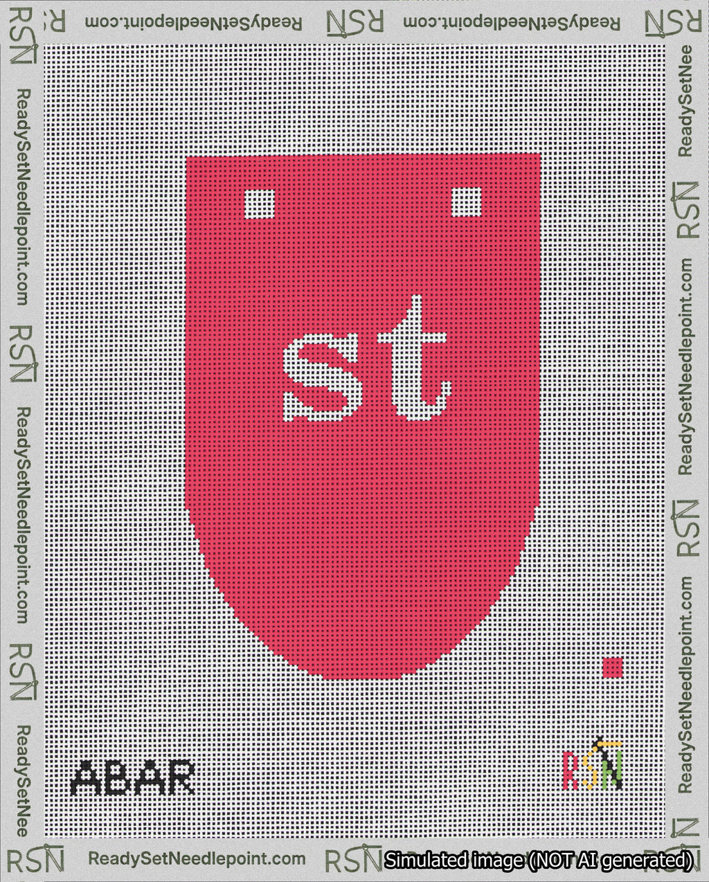 A taped needlepoint canvas with the design: Banner 18 mesh count Rounded st White on Red.
