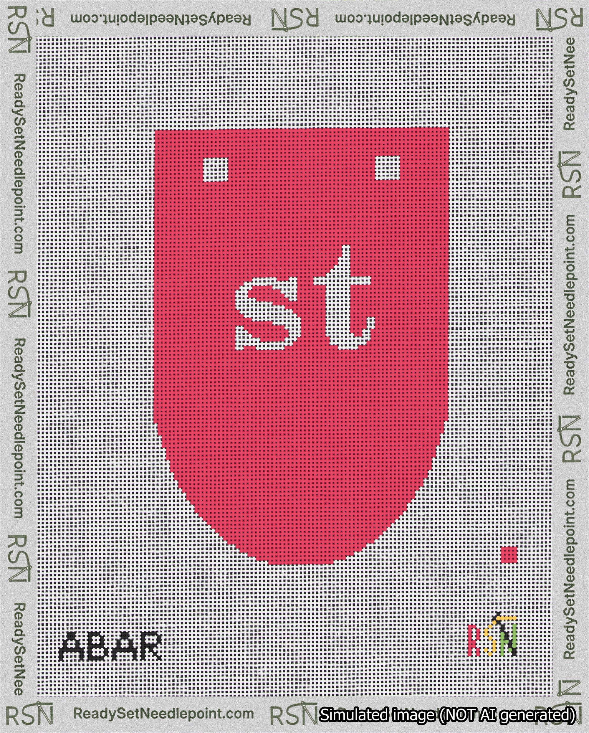 A taped needlepoint canvas with the design: Banner 18 mesh count Rounded st White on Red.