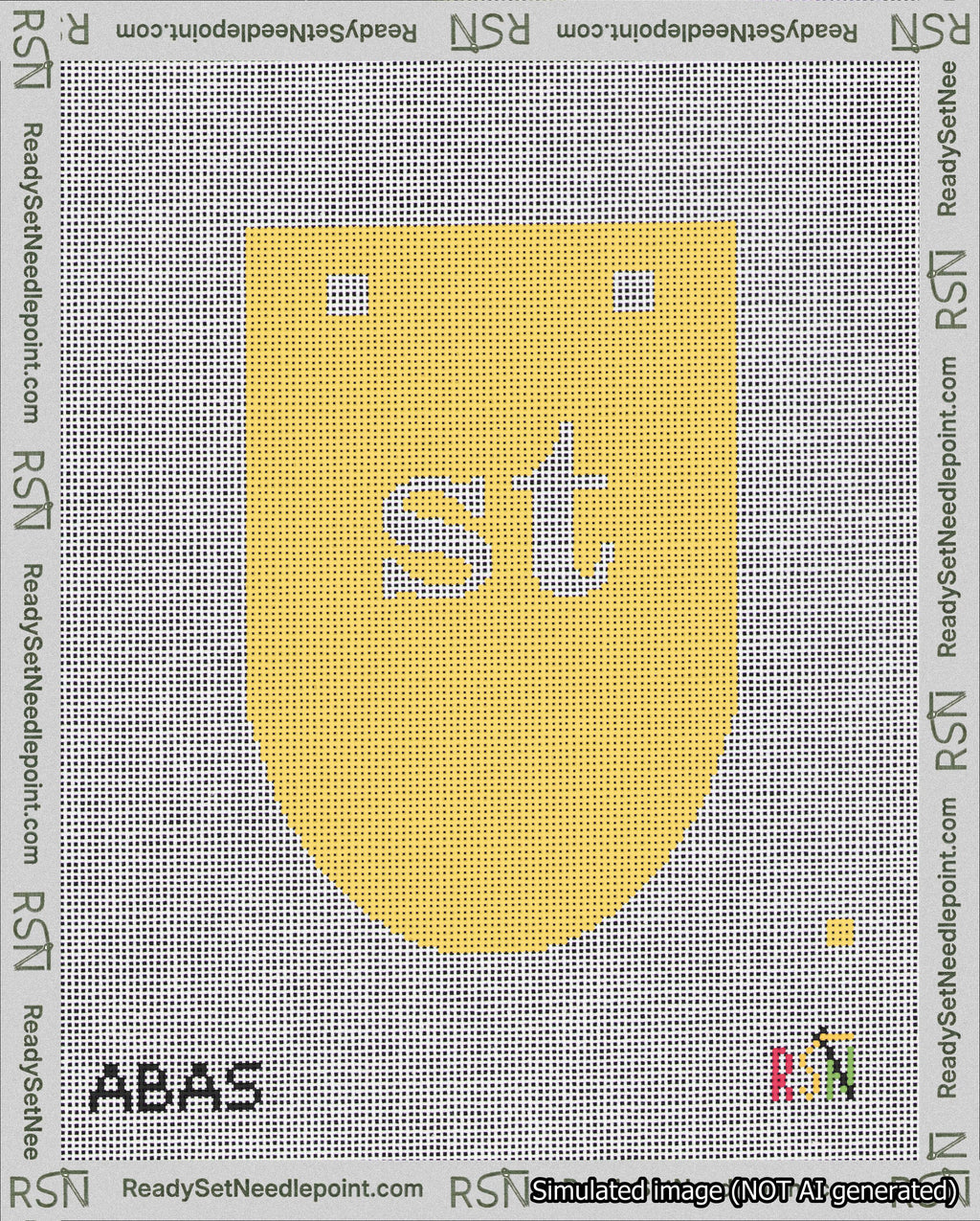 A taped needlepoint canvas with the design: Banner 18 mesh count Rounded st White on Yellow.