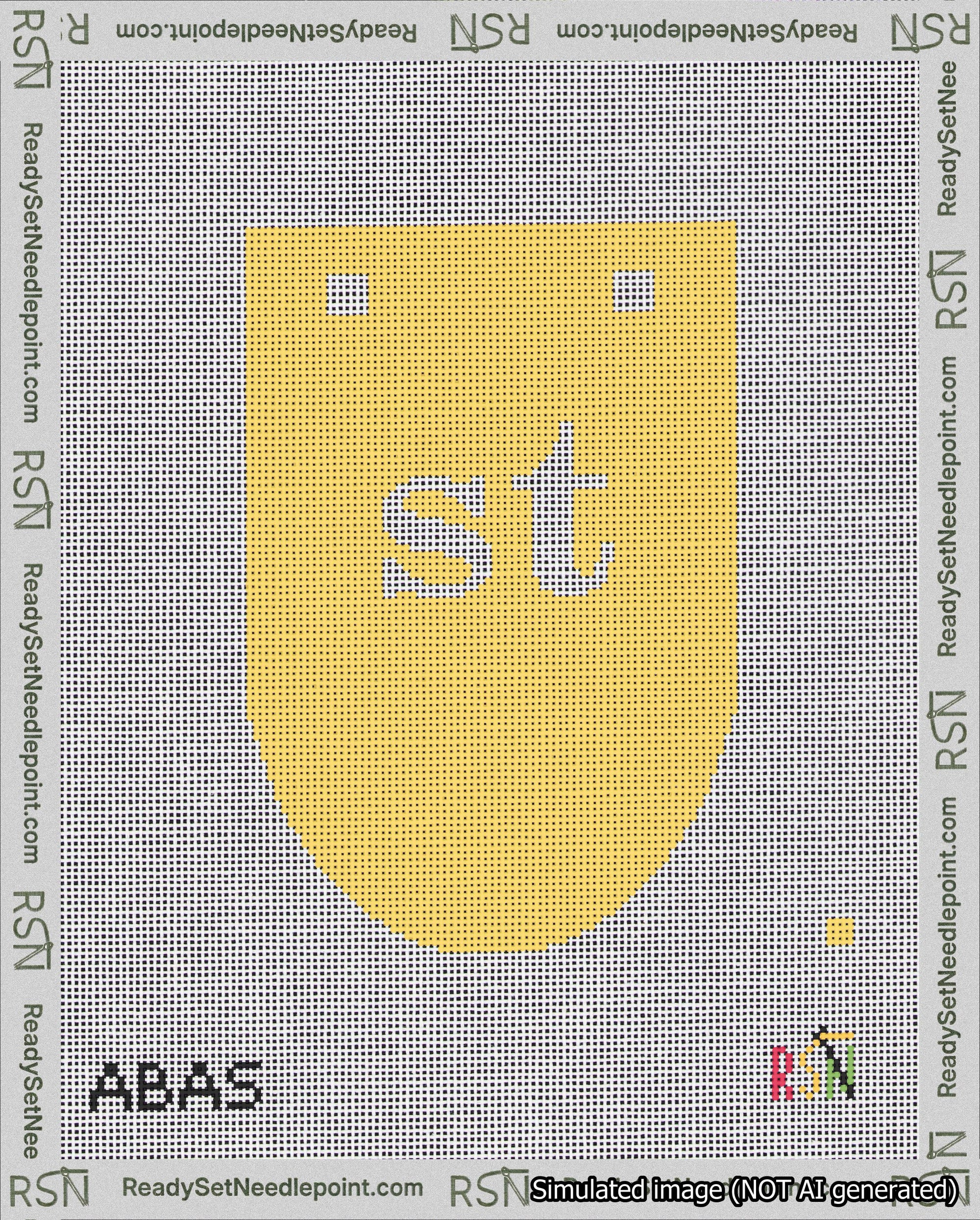 A taped needlepoint canvas with the design: Banner 18 mesh count Rounded st White on Yellow.