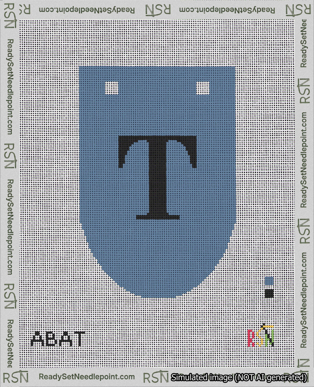 A taped needlepoint canvas with the design: Banner 18 mesh count Rounded T Black on Blue.