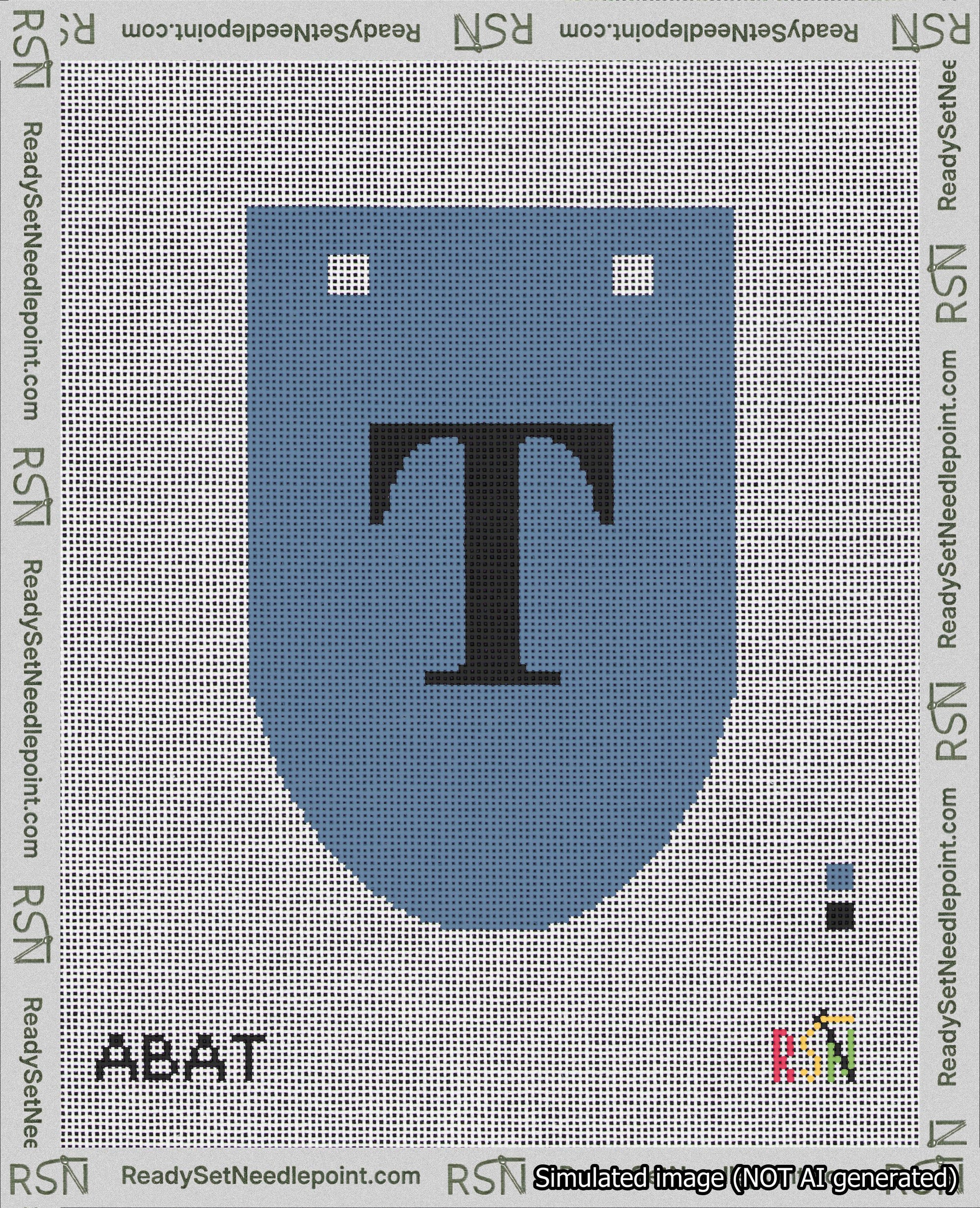 A taped needlepoint canvas with the design: Banner 18 mesh count Rounded T Black on Blue.