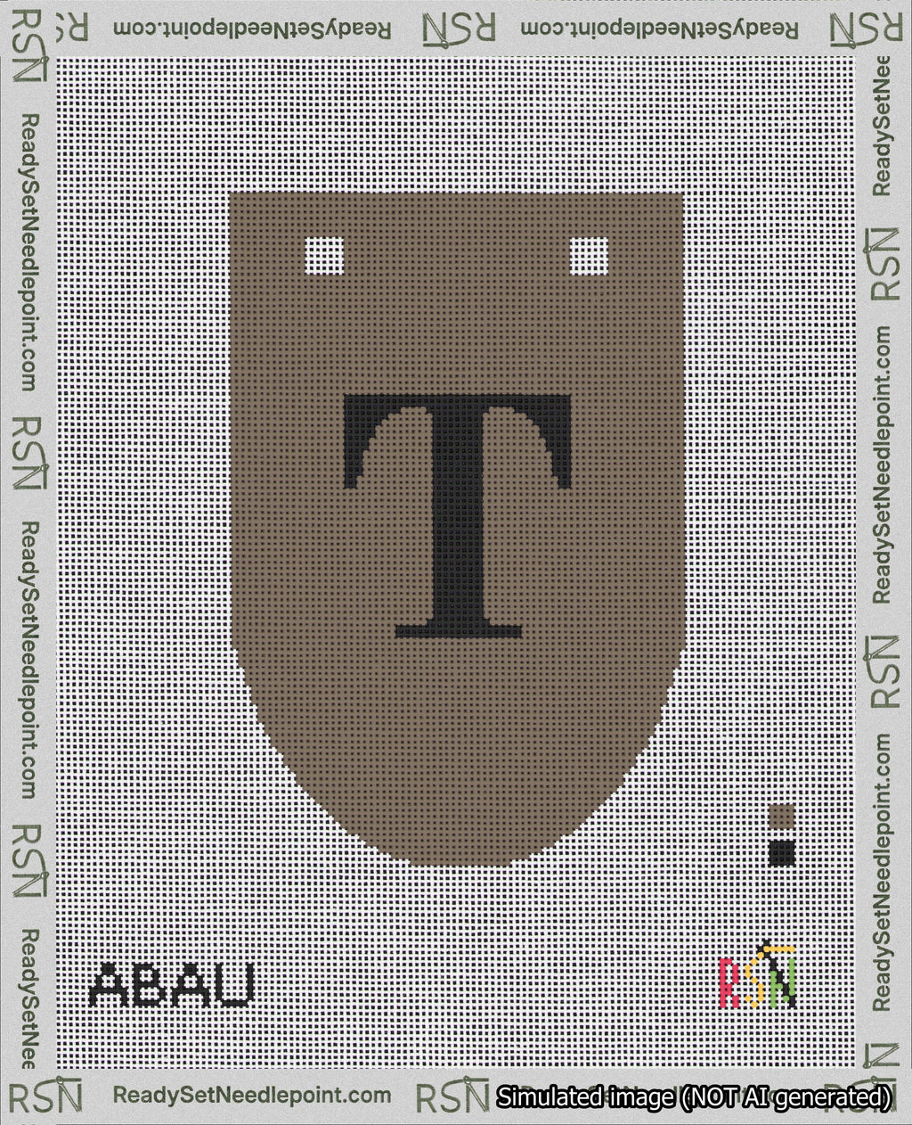 A taped needlepoint canvas with the design: Banner 18 mesh count Rounded T Black on Brown.
