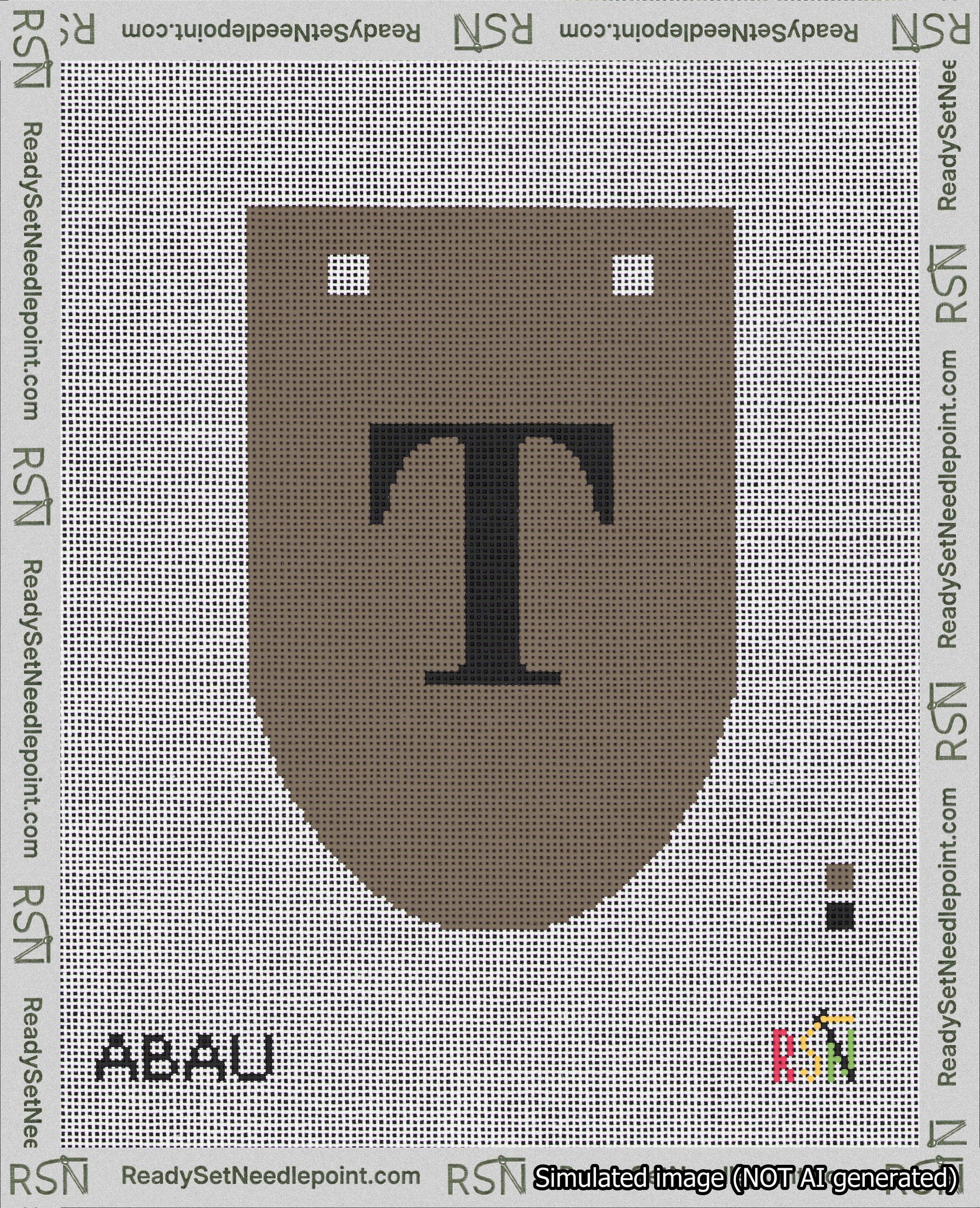 A taped needlepoint canvas with the design: Banner 18 mesh count Rounded T Black on Brown.