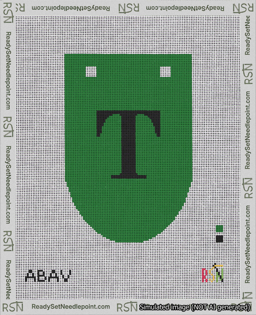 A taped needlepoint canvas with the design: Banner 18 mesh count Rounded T Black on Green.