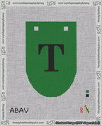 A taped needlepoint canvas with the design: Banner 18 mesh count Rounded T Black on Green.