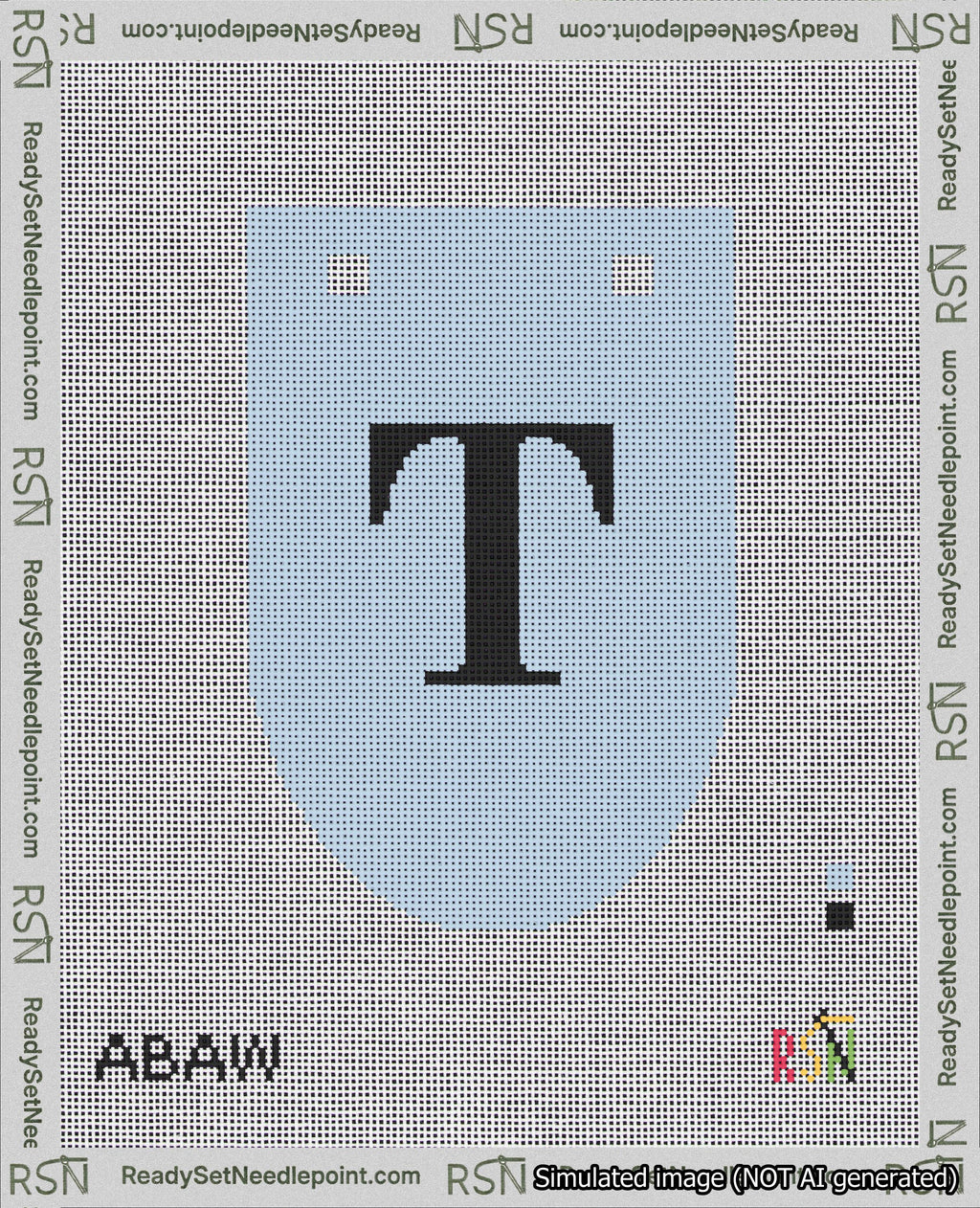 A taped needlepoint canvas with the design: Banner 18 mesh count Rounded T Black on Light Blue.