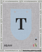 A taped needlepoint canvas with the design: Banner 18 mesh count Rounded T Black on Light Blue.