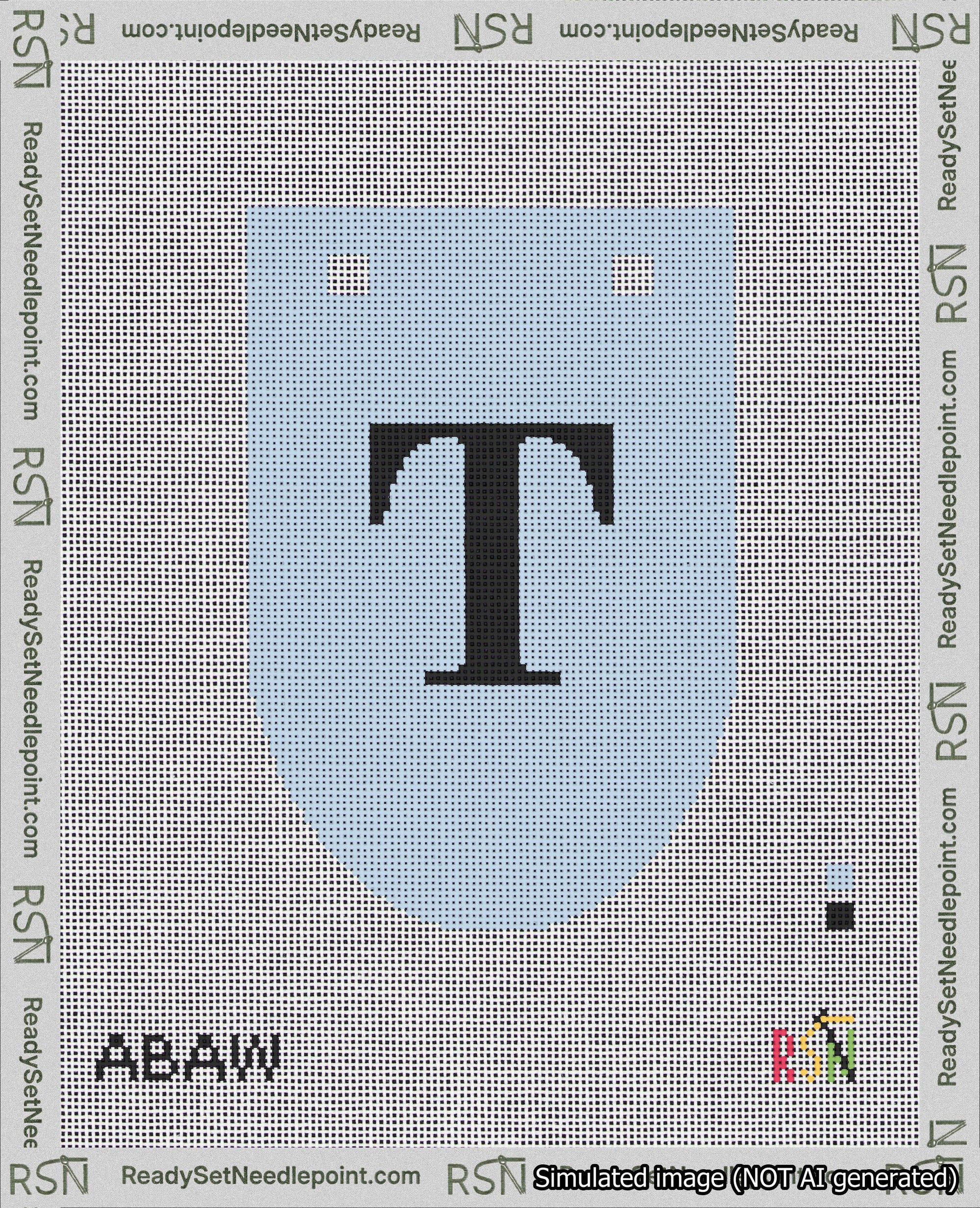 A taped needlepoint canvas with the design: Banner 18 mesh count Rounded T Black on Light Blue.