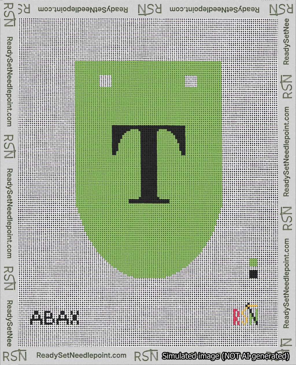 A taped needlepoint canvas with the design: Banner 18 mesh count Rounded T Black on Light Green.