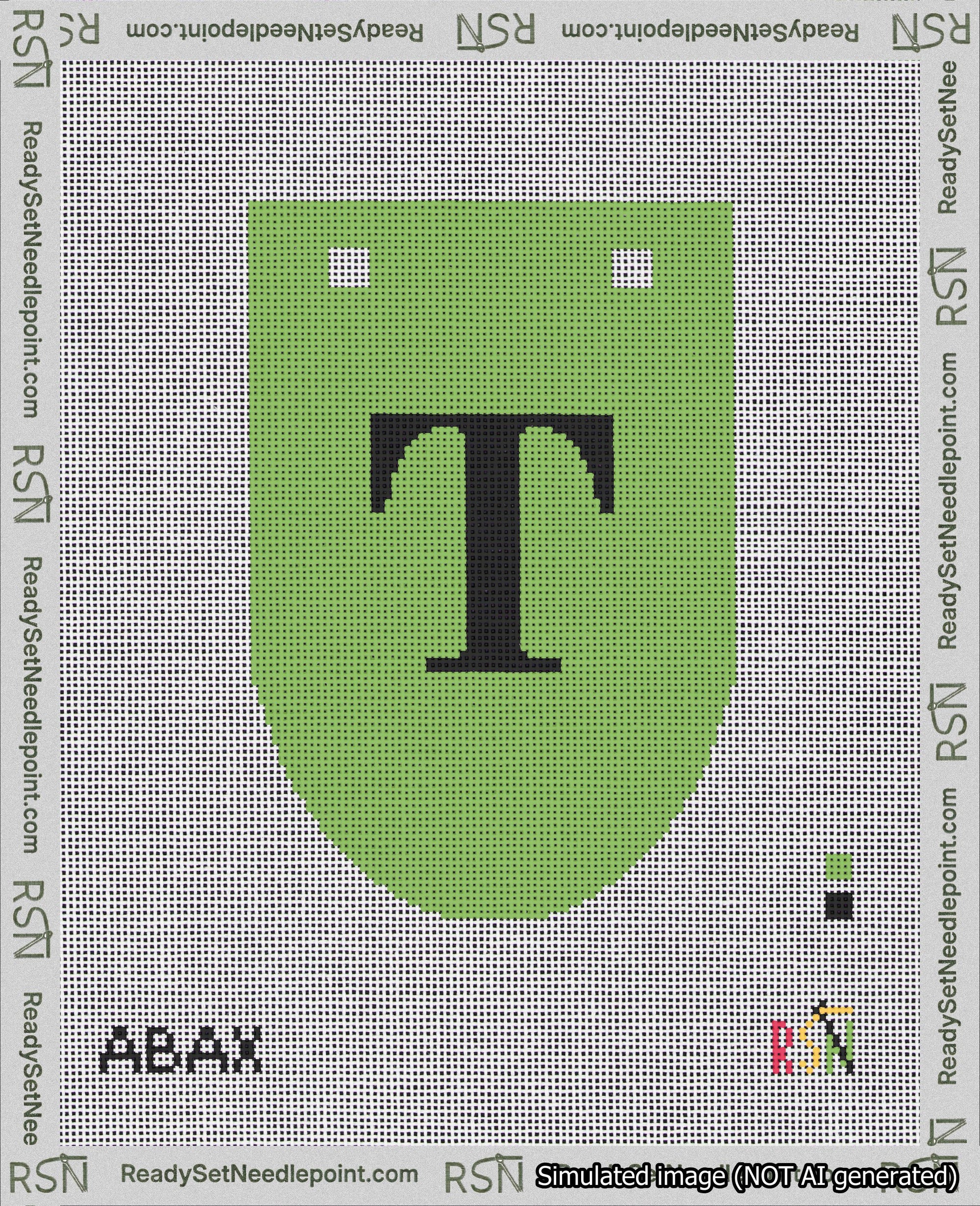 A taped needlepoint canvas with the design: Banner 18 mesh count Rounded T Black on Light Green.