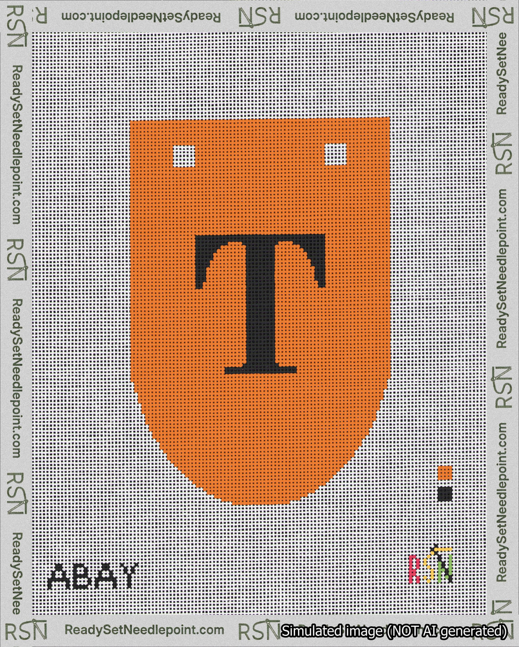 A taped needlepoint canvas with the design: Banner 18 mesh count Rounded T Black on Orange.
