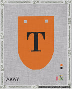 A taped needlepoint canvas with the design: Banner 18 mesh count Rounded T Black on Orange.