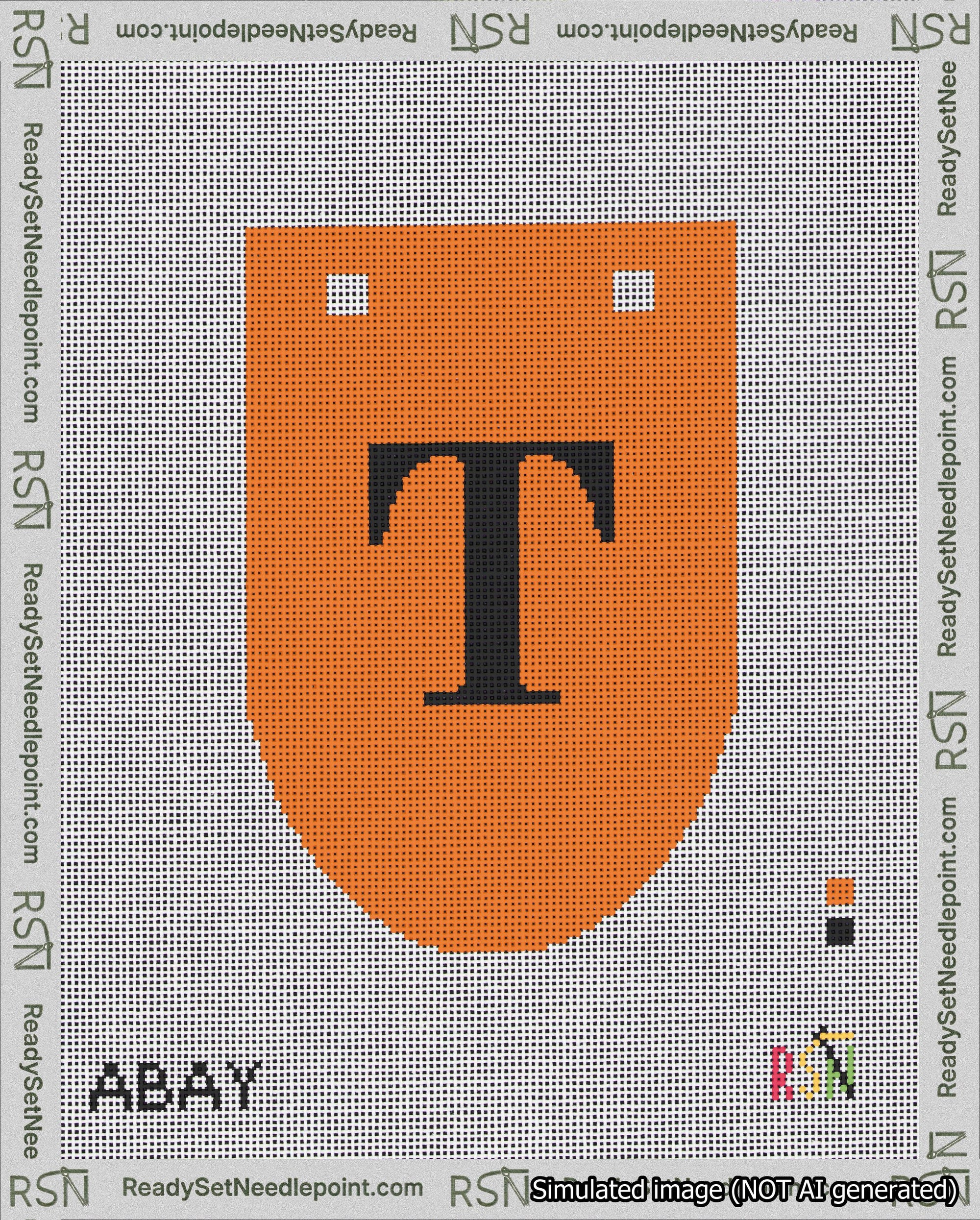 A taped needlepoint canvas with the design: Banner 18 mesh count Rounded T Black on Orange.