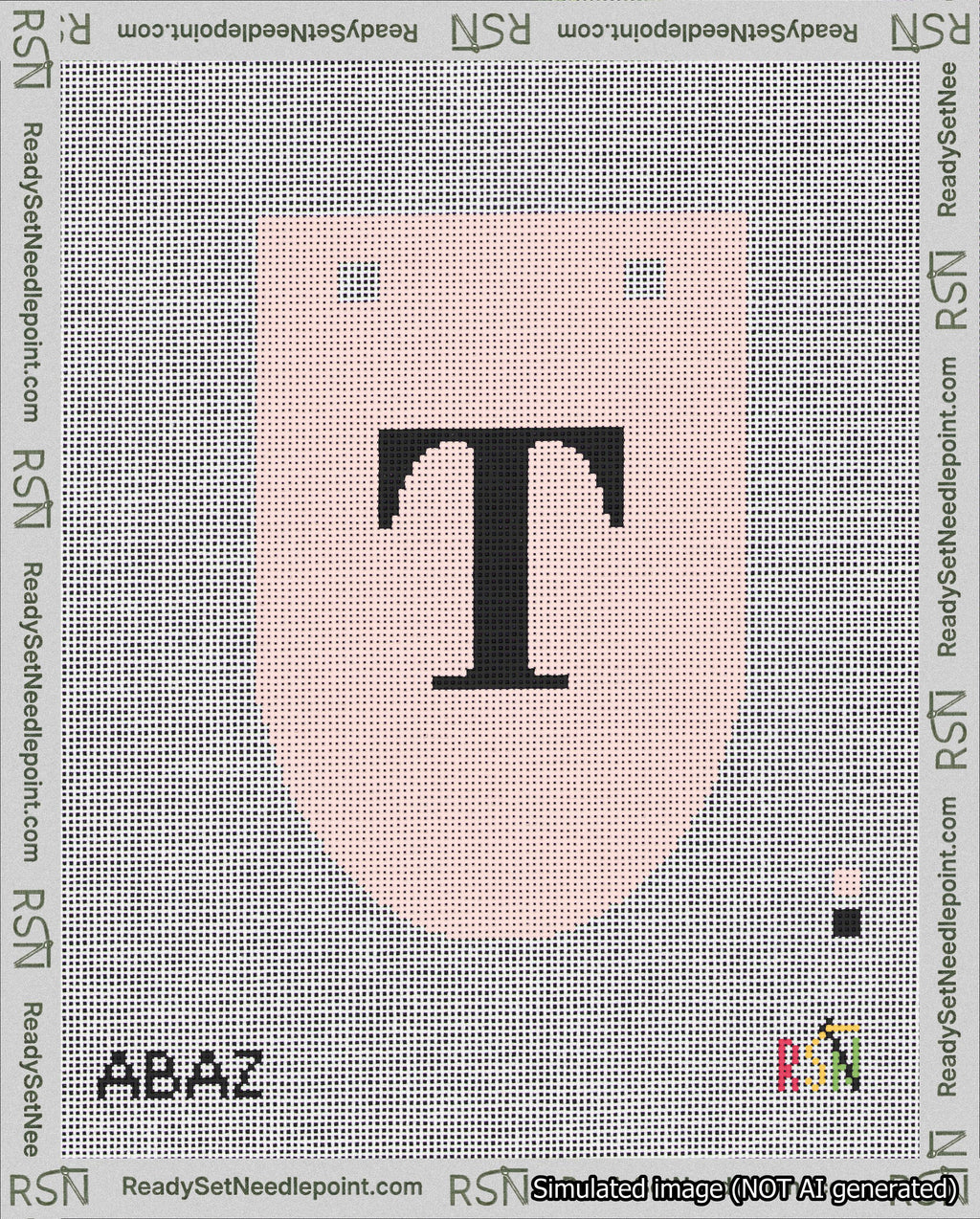 A taped needlepoint canvas with the design: Banner 18 mesh count Rounded T Black on Pink.