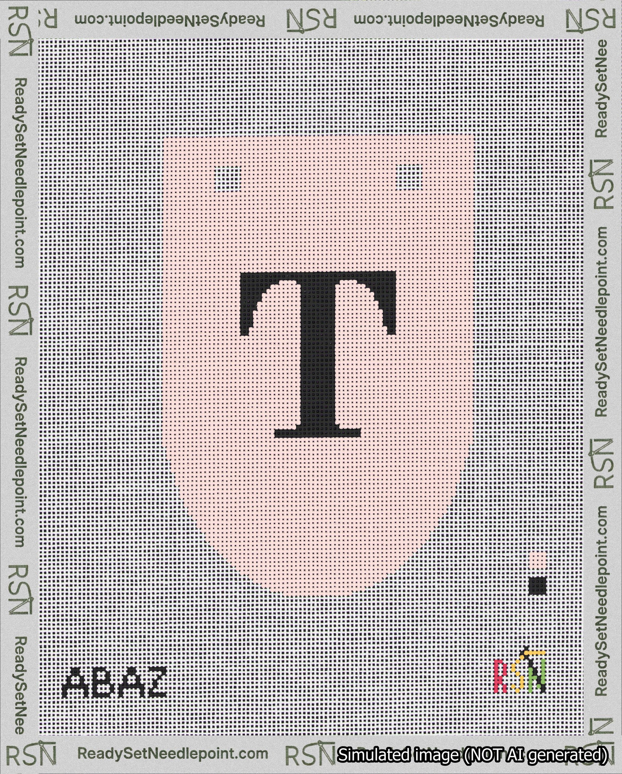 A taped needlepoint canvas with the design: Banner 18 mesh count Rounded T Black on Pink.
