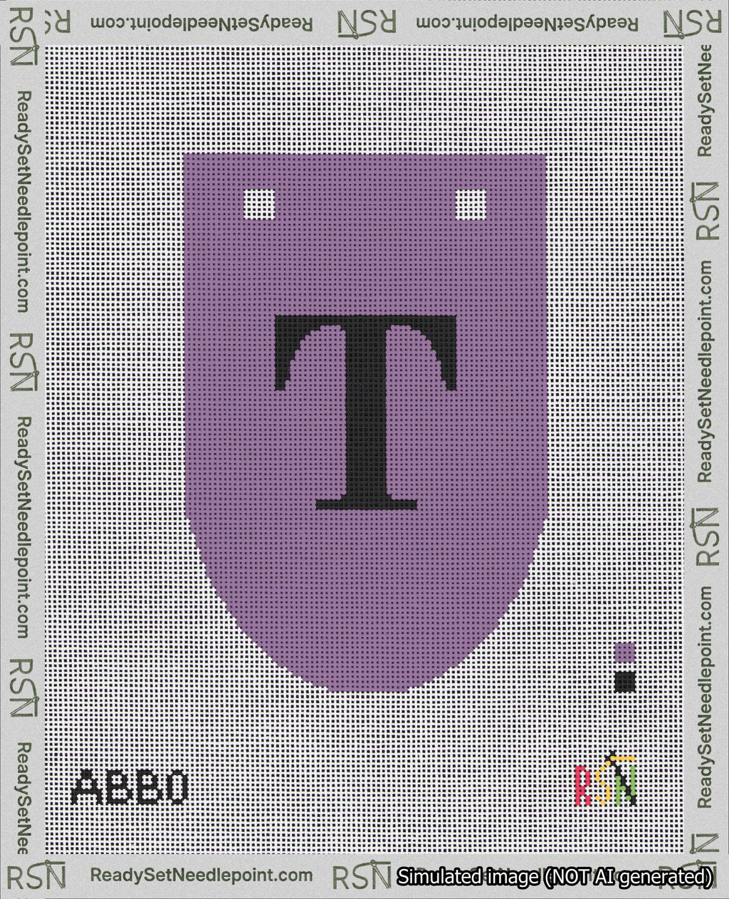 A taped needlepoint canvas with the design: Banner 18 mesh count Rounded T Black on Purple.